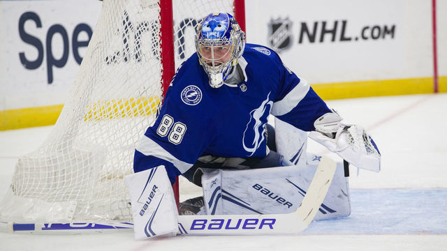 TAMPA, FL - NOVEMBER 1: Goalie Andrei Vasilevskiy #88 of the Tampa Bay Lightning skates against the Nashville Predators during the second period at Amalie Arena on November 1, 2018 in Tampa, Florida. 'n