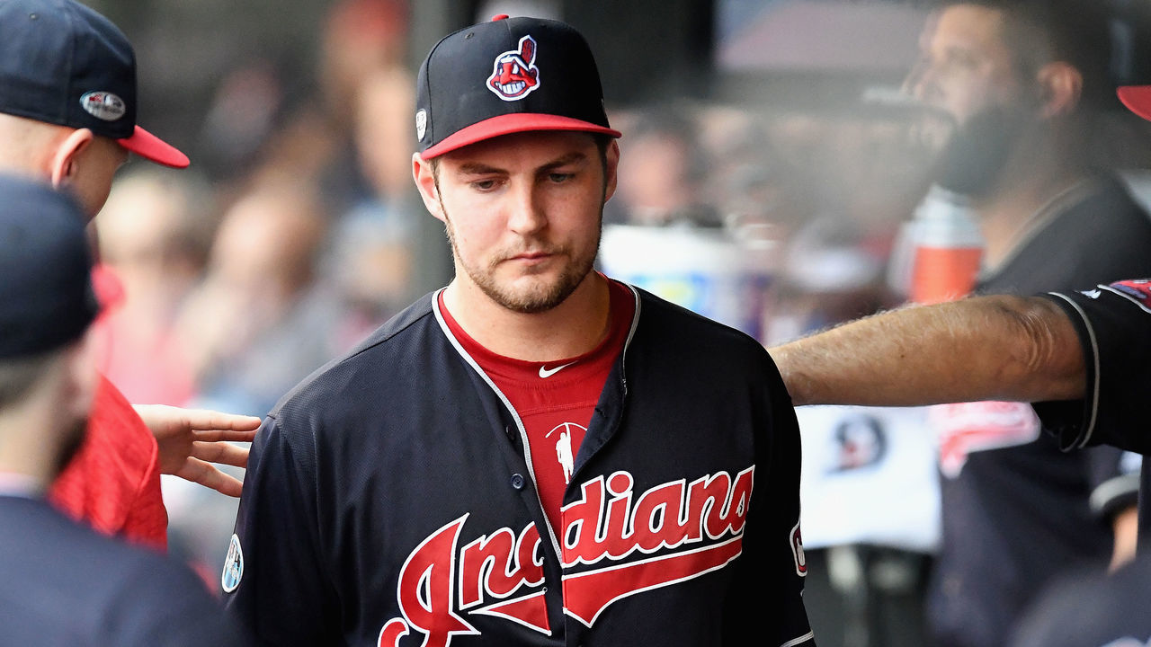 CLEVELAND, OH - OCTOBER 08: Trevor Bauer #47 of the Cleveland Indians reacts in the dugout after being pulled in the seventh inning against the Houston Astros during Game Three of the American League Division Series at Progressive Field on October 8, 2018 in Cleveland, Ohio.
