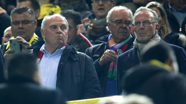 DORTMUND, GERMANY - NOVEMBER 10: Bayern Muenchen President, Uli Hoeness, and Bayern Muenchen CEO, Karl-Heinz Rummenigge, look on from the stands prior to the Bundesliga match between Borussia Dortmund and FC Bayern Muenchen at Signal Iduna Park on November 10, 2018 in Dortmund, Germany.