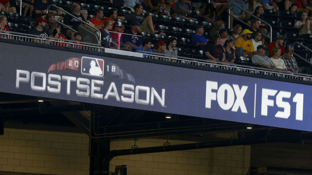 ATLANTA, GA - SEPTEMBER 14: Detail of stadium signage promoting the 2018 Major League Baseball Postseason on Fox and FS1 during the game between the Atlanta Braves and the Washington Nationals at SunTrust Park on September 14, 2018 in Atlanta, Georgia.