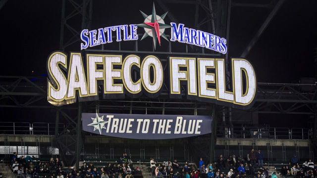 SEATTLE, WA - APRIL 13: The Safeco Field center field sign during the game between the Seattle Mariners and Oakland Athletics on April 13, 2018 in Seattle, Washington. The Seattle Mariners beat the Oakland Athletics 7-4.