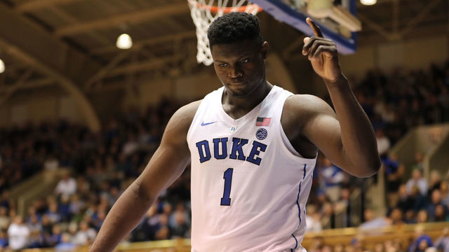 DURHAM, NC - NOVEMBER 14: Duke Blue Devils forward Zion Williamson (1) celebrates a point during the 1st half of the Duke Blue Devils game versus the Eastern Michigan Eagles on November 14, 2018, at Cameron Indoor Stadium