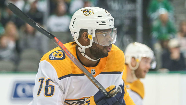 DALLAS, TX - NOVEMBER 10: Nashville Predators Defenseman P.K. Subban (76) skates during the game between the Dallas Stars and Nashville Predators on November 10, 2018 at the American Airlines Center in Dallas, TX.