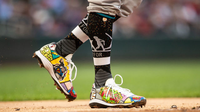 MINNEAPOLIS, MN- AUGUST 24: The custom cleats of Khris Davis #2 of the Oakland Athletics against the Minnesota Twins on August 24, 2018 at Target Field in Minneapolis, Minnesota. The Athletics defeated the Twins 7-1. *** Local Caption ***