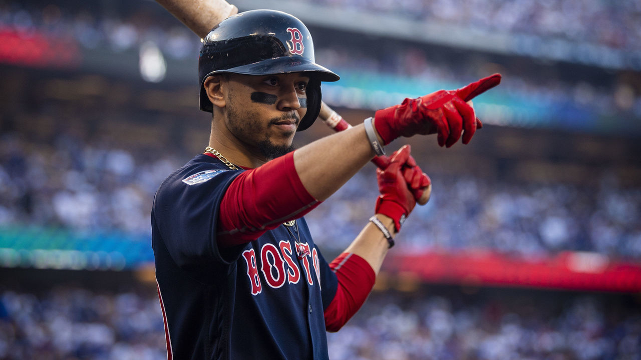 LOS ANGELES, CA - OCTOBER 26: Mookie Betts #50 of the Boston Red Sox reacts before game three of the 2018 World Series against the Los Angeles Dodgers on October 26, 2018 at Dodger Stadium in Los Angeles, California.