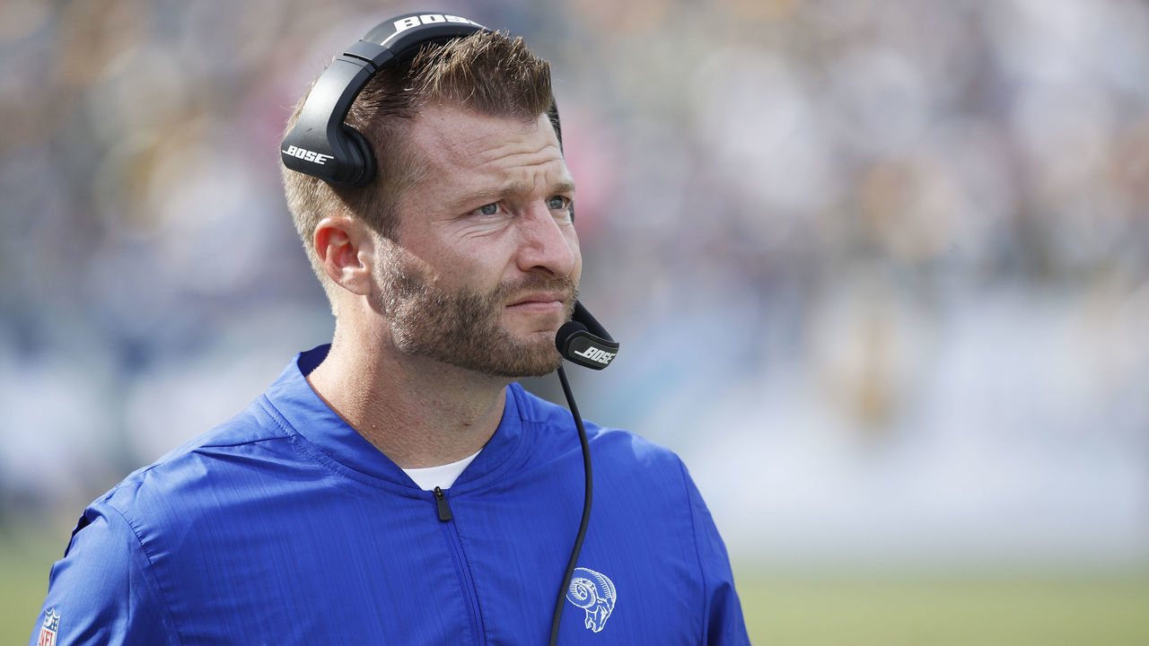 LOS ANGELES, CA - OCTOBER 28: Head coach Sean McVay of the Los Angeles Rams looks on during the game against the Green Bay Packers at Los Angeles Memorial Coliseum on October 28, 2018 in Los Angeles, California.