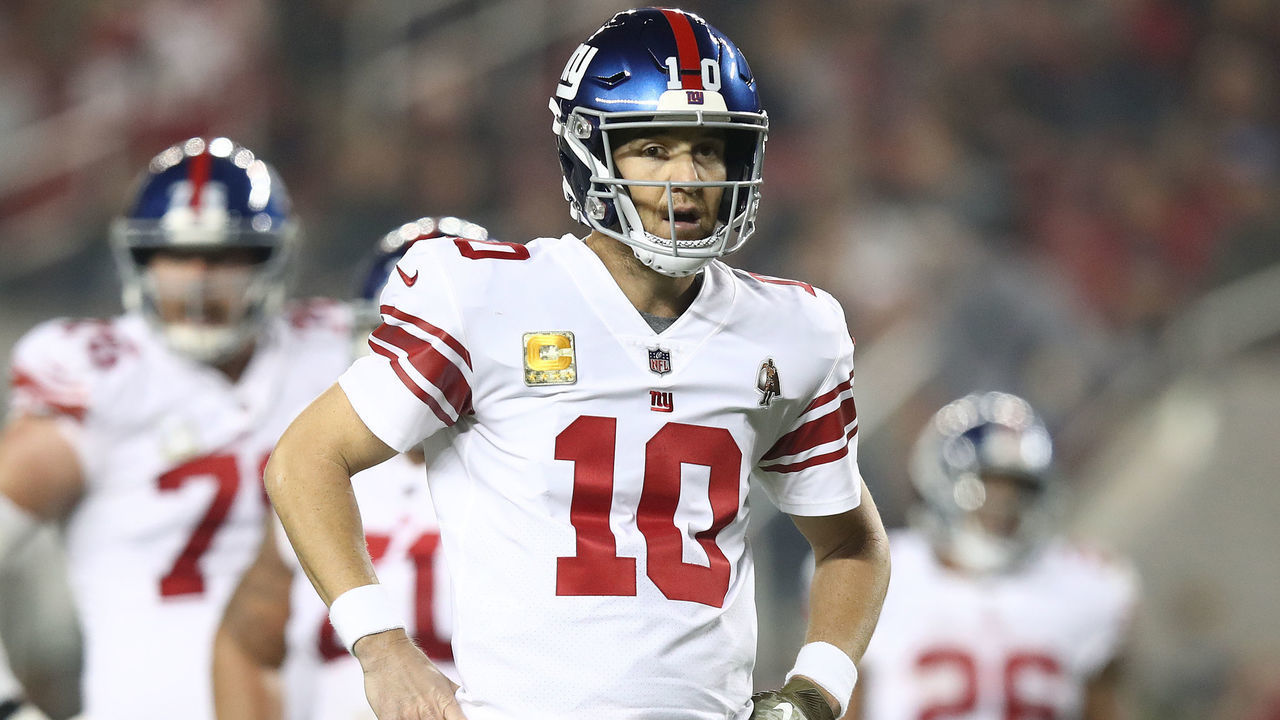 SANTA CLARA, CA - NOVEMBER 12: Eli Manning #10 of the New York Giants looks on against the San Francisco 49ers during their NFL game at Levi's Stadium on November 12, 2018 in Santa Clara, California.