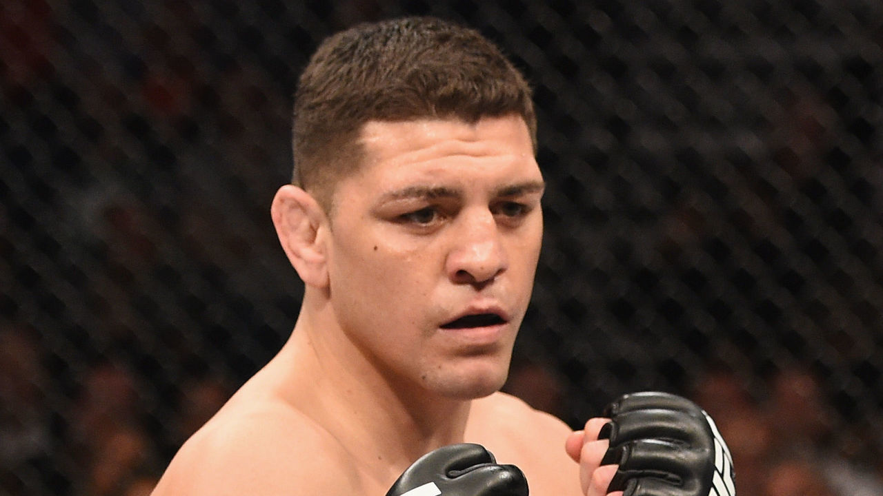 LAS VEGAS, NV - JANUARY 31: Nick Diaz battles Anderson Silva (not pictured) in their middleweight bout during the UFC 183 event at the MGM Grand Garden Arena on January 31, 2015 in Las Vegas, Nevada.