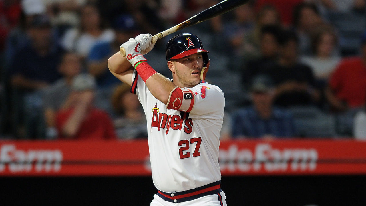 ANAHEIM, CA - AUGUST 28: Los Angeles Angels of Anaheim center fielder Mike Trout (27) during an at bat in the first inning of a game against the Colorado Rockies played on August 28, 2018 at Angel Stadium of Anaheim in Anaheim, CA.