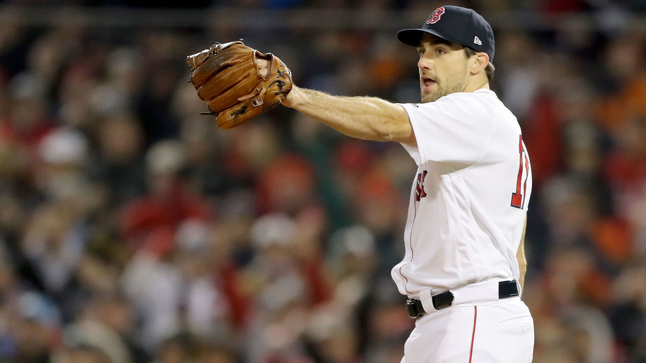 BOSTON, MA - OCTOBER 23: Nathan Eovaldi #17 of the Boston Red Sox reacts during the eighth inning against the Los Angeles Dodgers in Game One of the 2018 World Series at Fenway Park on October 23, 2018 in Boston, Massachusetts. The Red Sox defeated the Los Angeles Dodgers 8-4.