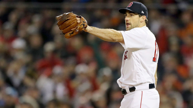 BOSTON, MA - OCTOBER 23: Nathan Eovaldi #17 of the Boston Red Sox reacts during the eighth inning against the Los Angeles Dodgers in Game One of the 2018 World Series at Fenway Park on October 23, 2018 in Boston, Massachusetts. The Red Sox defeated the Los Angeles Dodgers 8-4.
