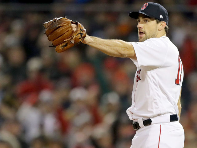 BOSTON, MA - OCTOBER 23: Nathan Eovaldi #17 of the Boston Red Sox reacts during the eighth inning against the Los Angeles Dodgers in Game One of the 2018 World Series at Fenway Park on October 23, 2018 in Boston, Massachusetts. The Red Sox defeated the Los Angeles Dodgers 8-4.