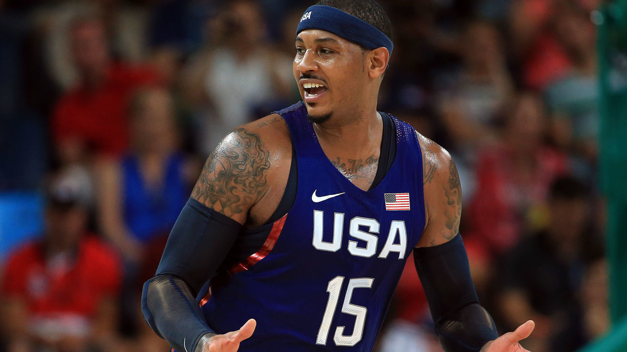 RIO DE JANEIRO, BRAZIL - AUGUST 21: Carmelo Anthony #15 of the USA looks on during the Men's Gold medal game between Serbia and the USA on Day 16 of the Rio 2016 Olympic Games at Carioca Arena 1 on August 21, 2016 in Rio de Janerio, Brazil.
