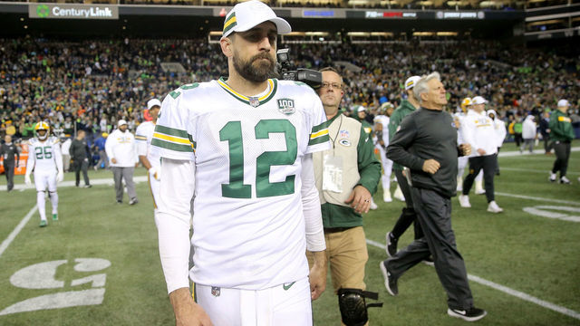 SEATTLE, WA - NOVEMBER 15: Aaron Rodgers #12 of the Green Bay Packers reacts after falling to the Seattle Seahawks 27-24 during their game at CenturyLink Field on November 15, 2018 in Seattle, Washington.