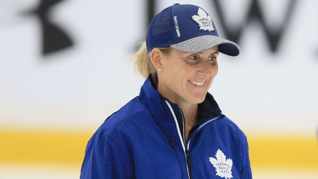 TORONTO, ON- Guest coach Hailey Wickenheiser and Mike Ellis (r) at the Leafs training facility in Etobicoke. June 26, 2018. (Rene Johnston/Toronto Star via Getty Images)