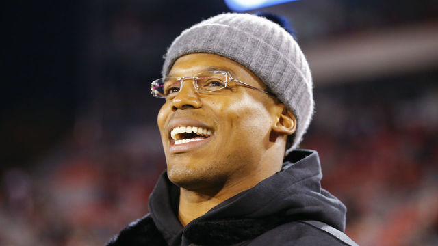 ATHENS, GA - NOVEMBER 10: Carolina Panthers QB Cam Newton watches warmups from the sidelines prior to the Auburn Tigers v Georgia Bulldogs game on November 10, 2018 at Sanford Stadium in Athens, GA.