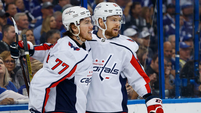 TAMPA, FL - MAY 19: Evgeny Kuznetsov #92 of the Washington Capitals celebrates a goal with teammate T.J. Oshie #77 against the Tampa Bay Lightning during Game Five of the Eastern Conference Final during the 2018 NHL Stanley Cup Playoffs at Amalie Arena on May 19, 2018 in Tampa, Florida.