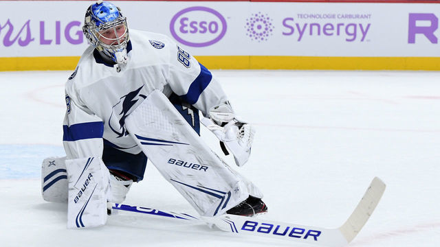MONTREAL, QC - NOVEMBER 3: Andrei Vasilevskiy #88 of the Tampa Bay Lightning stops a shot by the Montreal Canadiens in the NHL game at the Bell Centre on November 3, 2018 in Montreal, Quebec, Canada.