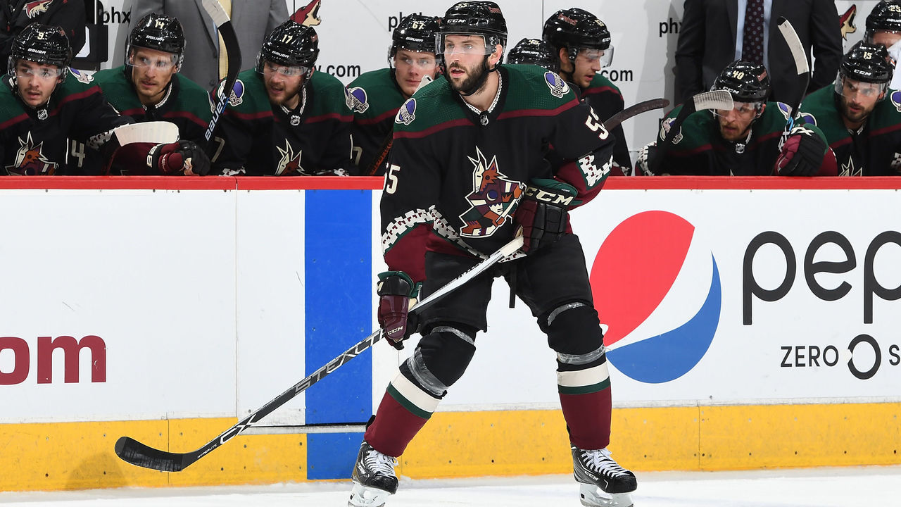 GLENDALE, AZ - OCTOBER 27: Jason Demers #55 of the Arizona Coyotes skates up ice against the Tampa Bay Lightning at Gila River Arena on October 27, 2018 in Glendale, Arizona.