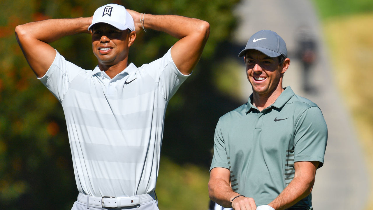PACIFIC PALISADES, CA - FEBRUARY 16: Tiger Woods and Rory McIlroy look on from the sixth hole tee during the second round of the Genesis Open golf tournament at the Riviera Country Club in Pacific Palisades, CA on February 16, 2018.