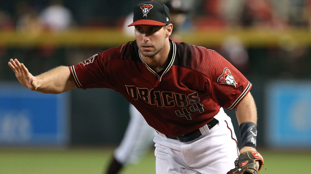 PHOENIX, AZ - SEPTEMBER 09: Paul Goldschmidt #44 of the Arizona Diamondbacks calls off the pitcher on a ground ball out against the Atlanta Braves during the first inning of an MLB game at Chase Field on September 9, 2018 in Phoenix, Arizona.