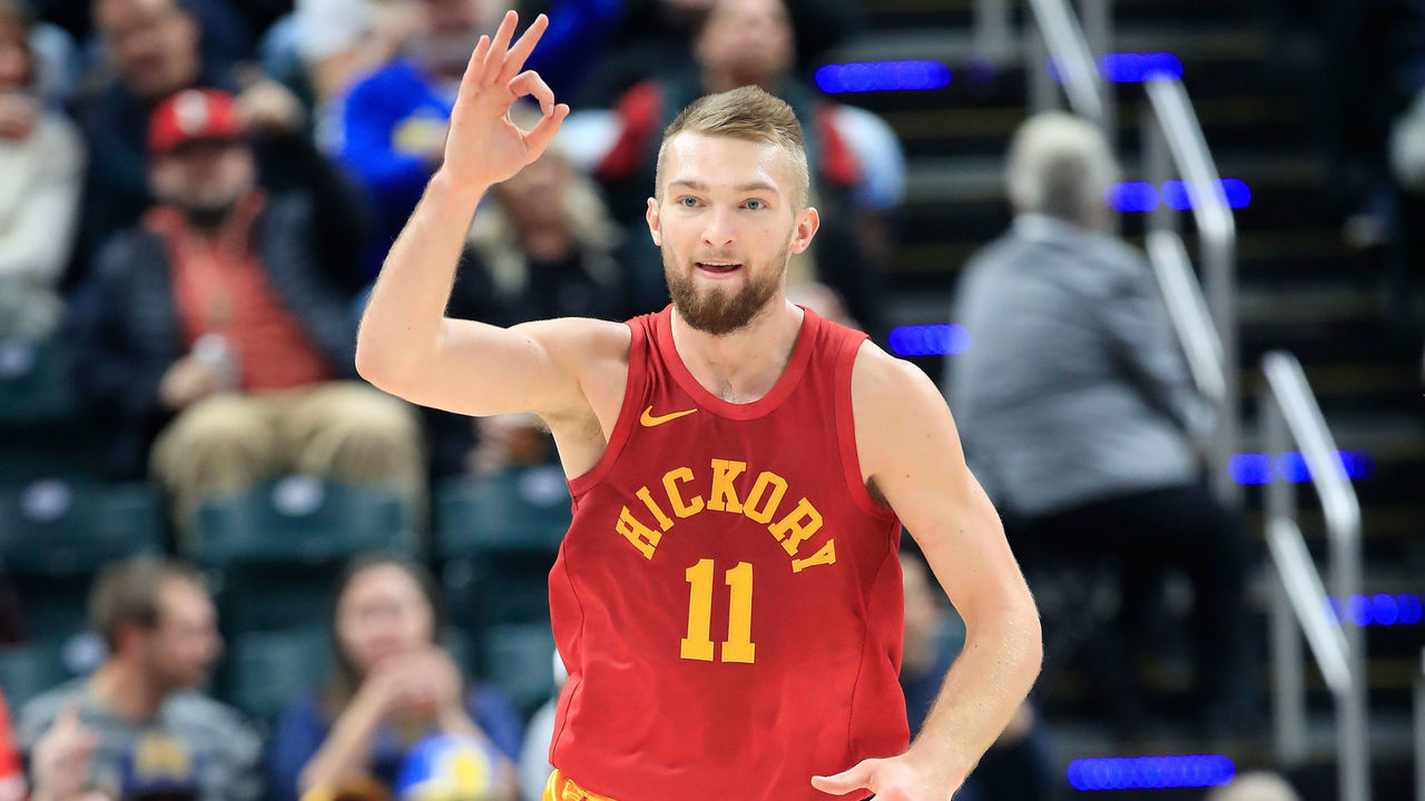 INDIANAPOLIS, IN - NOVEMBER 16: Domantas Sabonis #11 of the Indiana Pacers celebrates after a three point shot against the Miami Heat at Bankers Life Fieldhouse on November 16, 2018 in Indianapolis, Indiana.