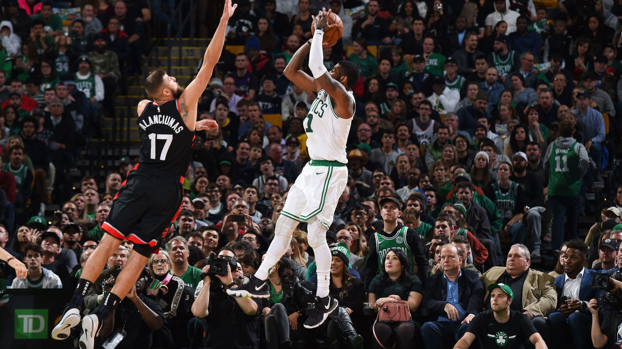 BOSTON, MA - NOVEMBER 16: Kyrie Irving #11 of the Boston Celtics shoots the ball against the Toronto Raptors on November 16, 2018 at the TD Garden in Boston, Massachusetts. Mandatory Copyright Notice: Copyright 2018 NBAE