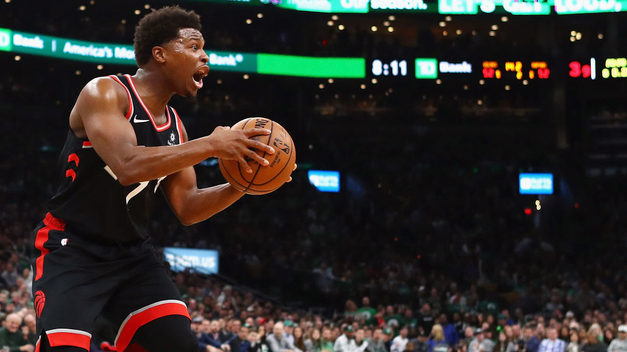 BOSTON, MA - NOVEMBER 16: Kyle Lowry #7 of the Toronto Raptors reacts to a call during the first half against the Boston Celtics at TD Garden on November 16, 2018 in Boston, Massachusetts.