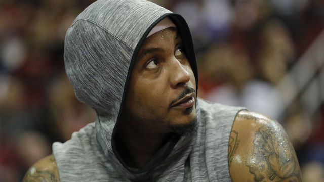 HOUSTON, TX - OCTOBER 24: Carmelo Anthony #7 of the Houston Rockets rests on the bench in the first half against the Utah Jazz at Toyota Center on October 24, 2018 in Houston, Texas.