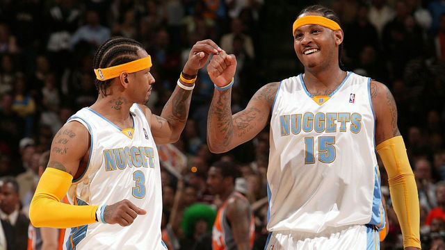 DENVER - APRIL 1: Allen Iverson #3 and Carmelo Anthony #15 of the Denver Nuggets congratulate each other against the Phoenix Suns on April 1, 2008 at the Pepsi Center in Denver, Colorado. NOTE TO USER: User expressly acknowledges and agrees that, by downloading and/or using this Photograph, user is consenting to the terms and conditions of the Getty Images License Agreement. Mandatory Copyright Notice: Copyright 2008 NBAE