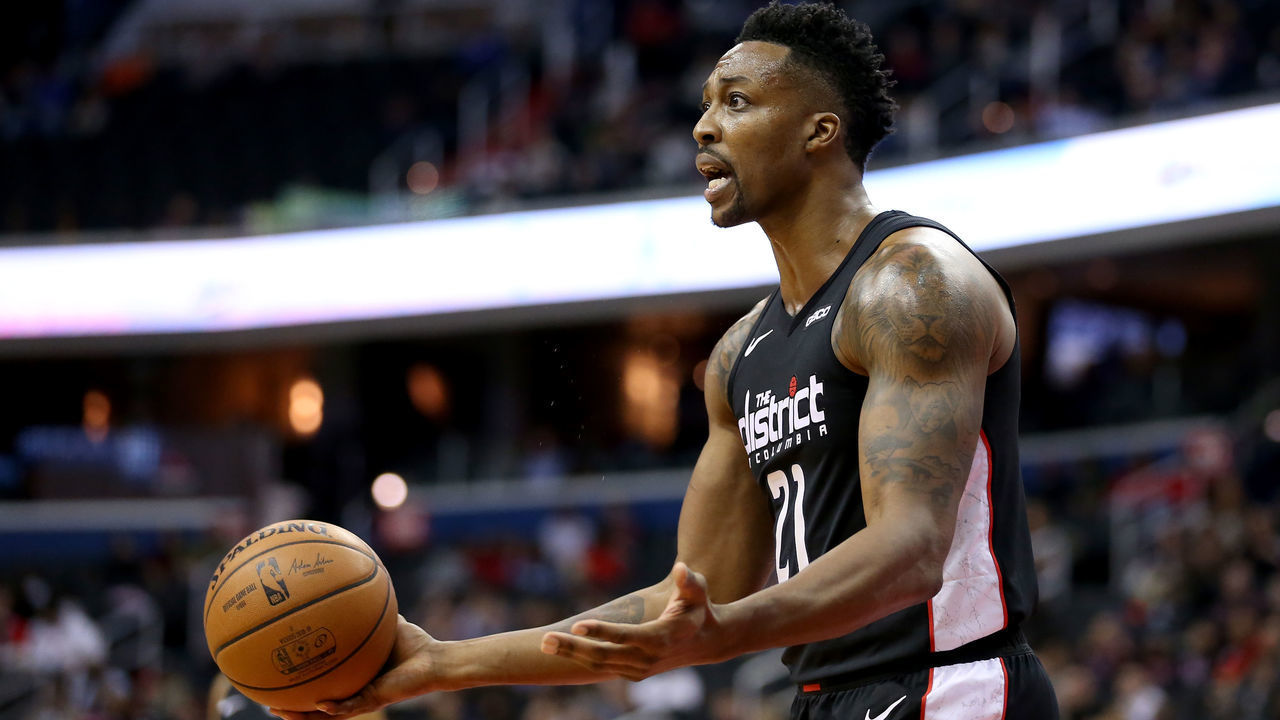 WASHINGTON, DC - NOVEMBER 16: Dwight Howard #21 of the Washington Wizards reacts after a play during the second half against the Brooklyn Nets at Capital One Arena on November 16, 2018 in Washington, DC.