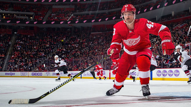 DETROIT, MI - NOVEMBER 13: Darren Helm #43 of the Detroit Red Wings follows the play against the Arizona Coyotes during an NHL game at Little Caesars Arena on November 13, 2018 in Detroit, Michigan. The Wings defeated the Coyotes 6-1.