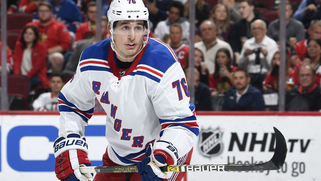 CHICAGO, IL - OCTOBER 25: Brady Skjei #76 of the New York Rangers looks across the ice in the third period against the Chicago Blackhawks at the United Center on October 25, 2018 in Chicago, Illinois. The Chicago Blackhawks defeated the New York Rangers 4-1.