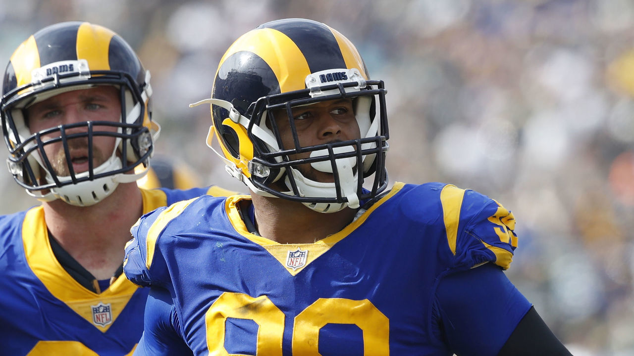 LOS ANGELES, CA - OCTOBER 28: Aaron Donald #99 of the Los Angeles Rams reacts during the game against the Green Bay Packers at Los Angeles Memorial Coliseum on October 28, 2018 in Los Angeles, California. The Rams won 29-27.