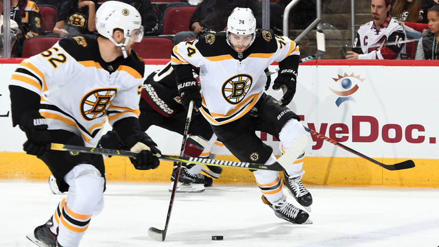 GLENDALE, AZ - NOVEMBER 17: Jake DeBrusk #74 of the Boston Bruins skates with the puck against the Arizona Coyotes during the first period at Gila River Arena on November 17, 2018 in Glendale, Arizona.