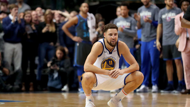 DALLAS, TX - NOVEMBER 17: Klay Thompson #11 of the Golden State Warriors reacts to a call in the final seconds of a 109-112 loss to the Dallas Mavericks at American Airlines Center on November 17, 2018 in Dallas, Texas.