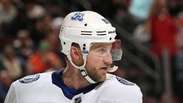 PHILADELPHIA, PA - JANUARY 25: Steven Stamkos #91 of the Tampa Bay Lightning looks on against the Philadelphia Flyers on January 25, 2018 at the Wells Fargo Center in Philadelphia, Pennsylvania.