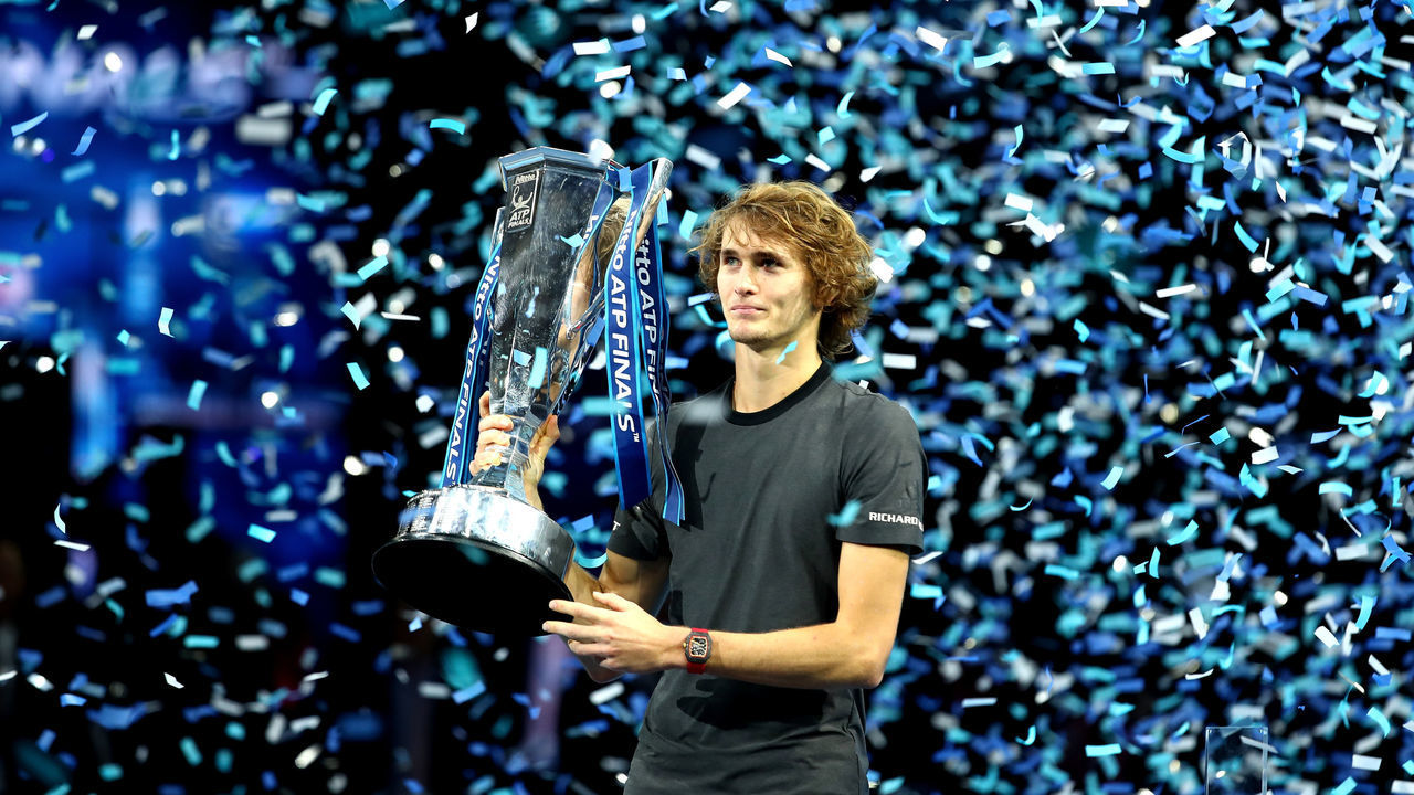 LONDON, ENGLAND - NOVEMBER 18: Alexander Zverev of Germany celebrates victory with the trophy following the singles final against Novak Djokovic of Serbia during Day Eight of the Nitto ATP Finals at The O2 Arena on November 18, 2018 in London, England.