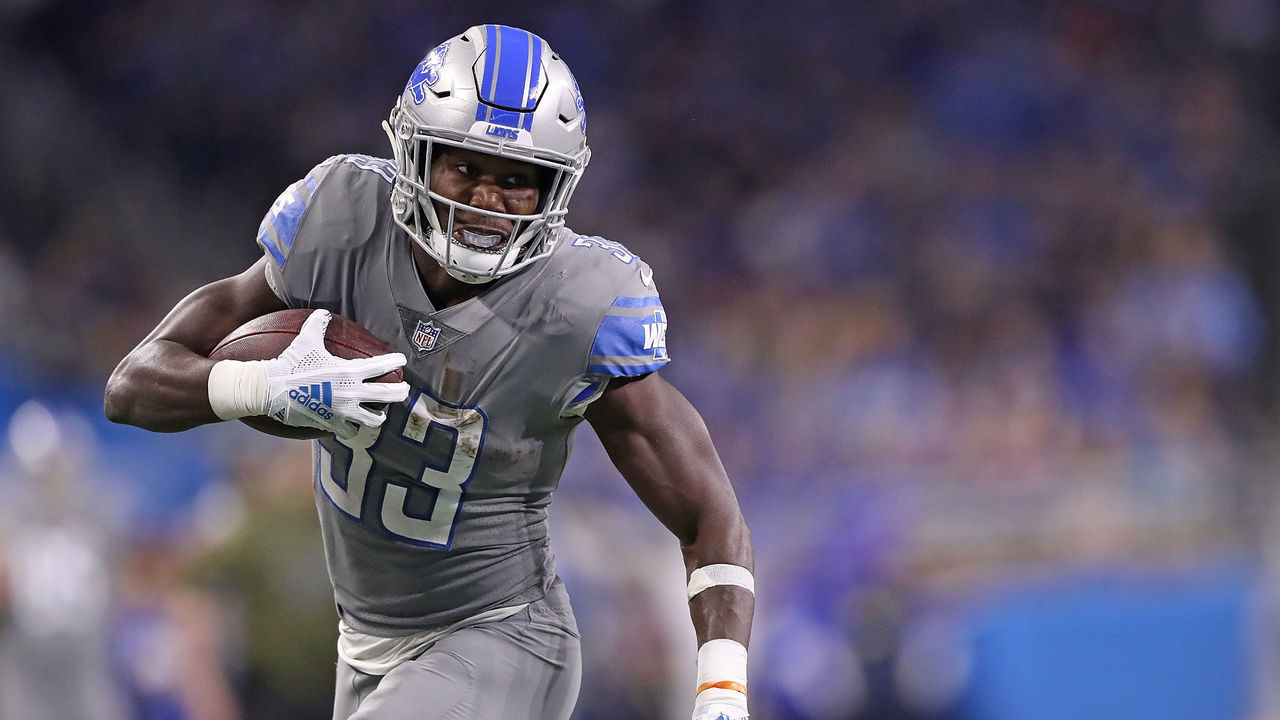 DETROIT, MI - NOVEMBER 18: Kerryon Johnson #33 of the Detroit Lions runs for a first down during the second quarter of the game against the Carolina Panthers at Ford Field on November 18, 2018 in Detroit, Michigan
