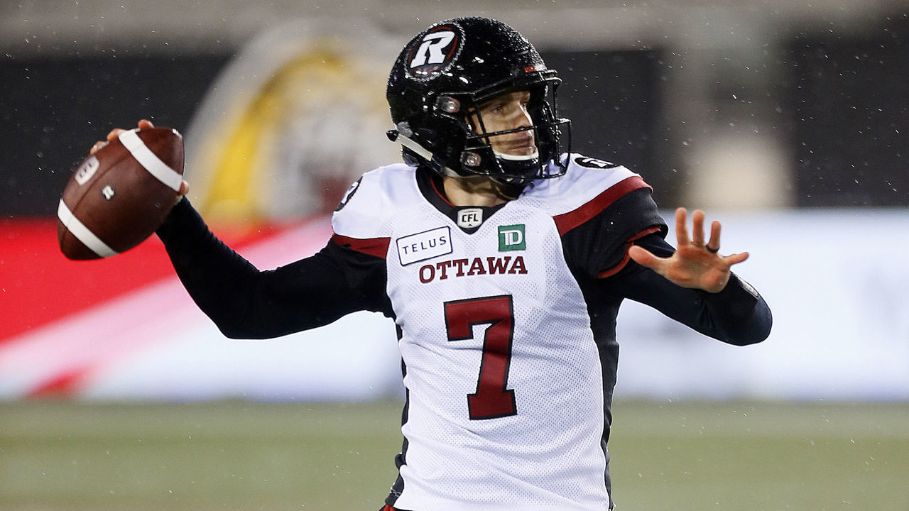 HAMILTON, ON - OCTOBER 27:Trevor Harris #7 of the Ottawa Redblacks goes to throw a pass against the Hamilton Tiger-Cats during a game at Tim Hortons Field on October 27. 2018.