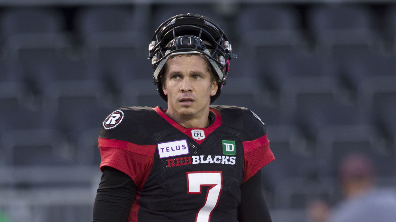 OTTAWA, ON - AUGUST 31: Trevor Harris (7 -- QB) of the Ottawa Redblacks in Canadian Football League (CFL) action at TD Place Stadium in Ottawa, Canada, August 31, 2018. The Montreal Alouettes defeated the Ottawa Redblacks 21-11.