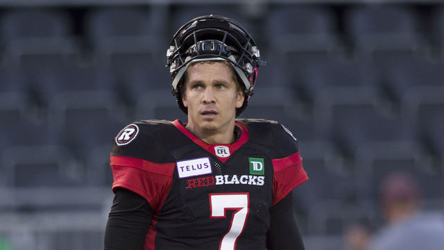 OTTAWA, ON - AUGUST 31: Trevor Harris (7 -- QB) of the Ottawa Redblacks in Canadian Football League (CFL) action at TD Place Stadium in Ottawa, Canada, August 31, 2018. The Montreal Alouettes defeated the Ottawa Redblacks 21-11.