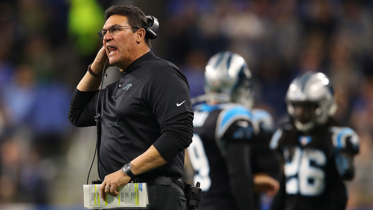 DETROIT, MI - NOVEMBER 18: Head coach head coach Ron Rivera of the Carolina Panthers watches his team against the Detroit Lions during the third quarter at Ford Field on November 18, 2018 in Detroit, Michigan.