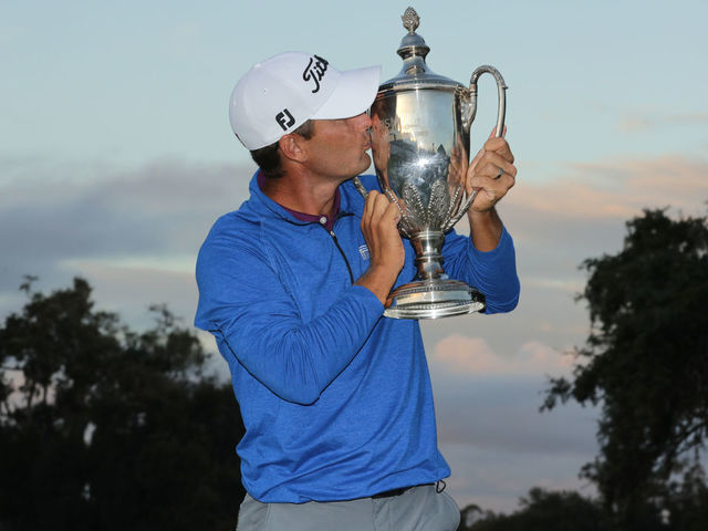 ST SIMONS ISLAND, GEORGIA - NOVEMBER 18: Charles Howell III of the United States poses with the trophy after winning the RSM Classic at the Sea Island Golf Club Seaside Course on November 18, 2018 in St. Simons Island, Georgia.