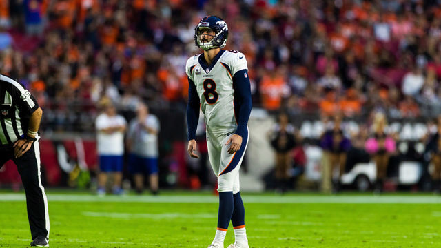 GLENDALE, AZ - OCTOBER 18: Denver Broncos kicker Brandon McManus (8) during an NFL regular season football game against the Arizona Cardinals at State Farm Stadium on October 18, 2018, in Glendale, AZ.