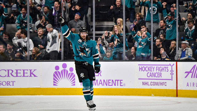 SAN JOSE, CA - NOVEMBER 17: Erik Karlsson #65 of the San Jose Sharks celebrates scoring a goal against the St Louis Blues at SAP Center on November 17, 2018 in San Jose, California