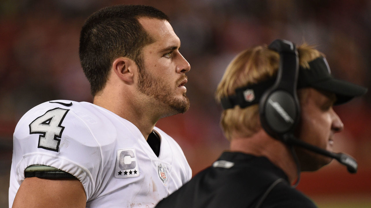 SAN FRANCISCO, CA - NOVEMBER 01: Oakland Raiders Quarterback Derek Carr (4) after being taken out of the game, alongside Oakland Raider Head Coach Jon Gruden during the NFL football game between the Oakland Raiders and the San Francisco 49ers on November 1, 2018, at Levi's Stadium in Santa Clara, CA.