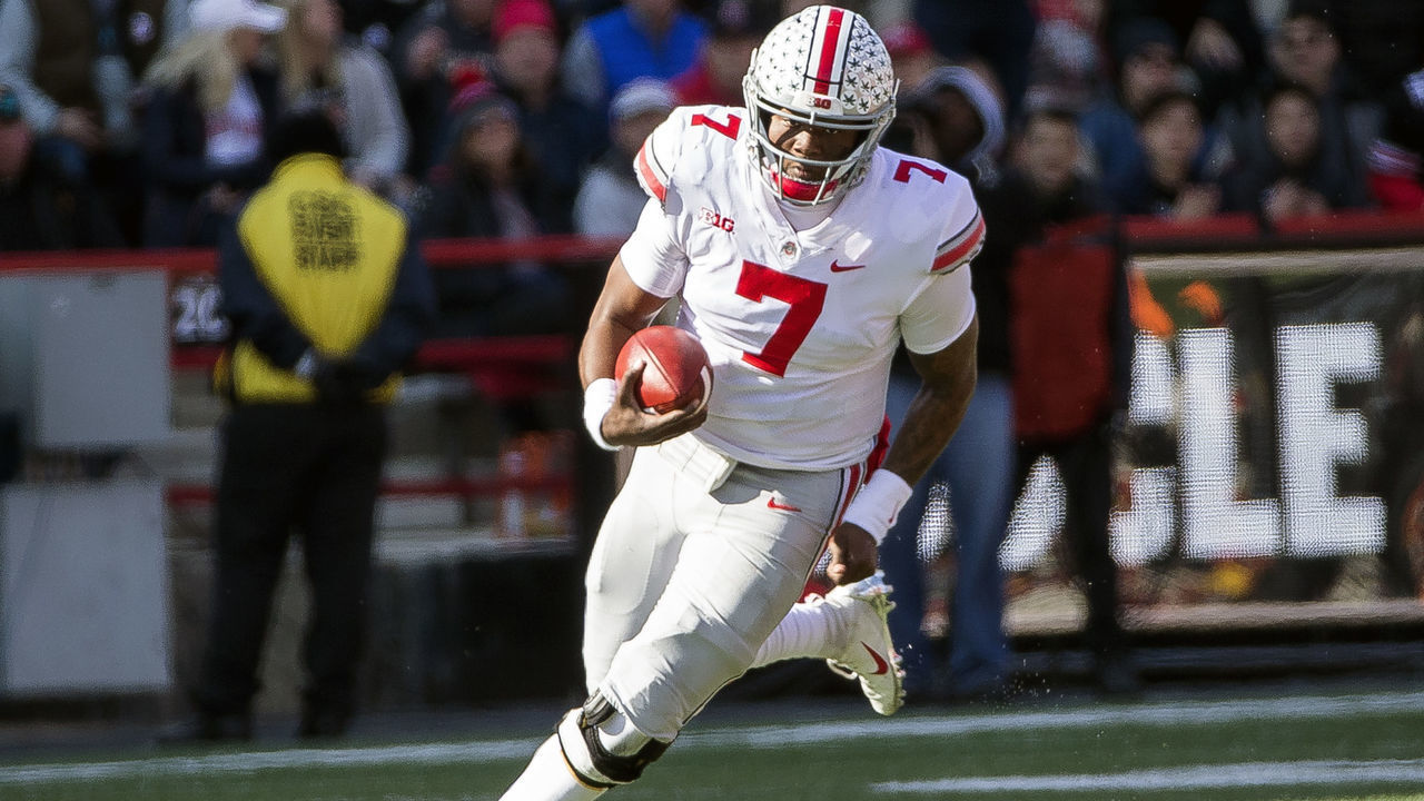 COLLEGE PARK, MD - NOVEMBER 17: Ohio State Buckeyes quarterback Dwayne Haskins (7) runs for yardage during a college football game between the University of Maryland and Ohio State University, on November 17, 2018, at Capital One Field at Maryland Stadium, in College Park, Maryland. Ohio State defeated Maryland 52-51 in overtime.