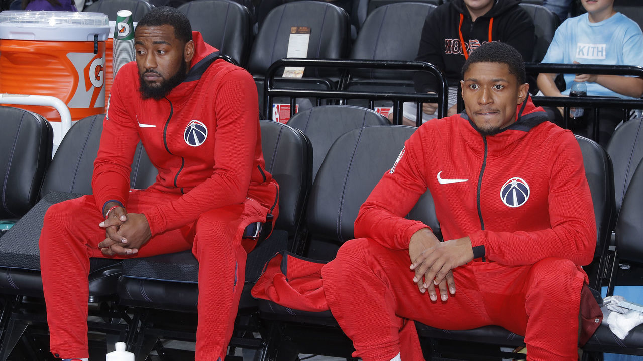 SACRAMENTO, CA - OCTOBER 26: John Wall #2 and Bradley Beal #3 of the Washington Wizards look on during the game against the Sacramento Kings on October 26, 2018 at Golden 1 Center in Sacramento, California. NOTE TO USER: User expressly acknowledges and agrees that, by downloading and or using this photograph, User is consenting to the terms and conditions of the Getty Images Agreement. Mandatory Copyright Notice: Copyright 2018 NBAE