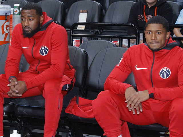 SACRAMENTO, CA - OCTOBER 26: John Wall #2 and Bradley Beal #3 of the Washington Wizards look on during the game against the Sacramento Kings on October 26, 2018 at Golden 1 Center in Sacramento, California. NOTE TO USER: User expressly acknowledges and agrees that, by downloading and or using this photograph, User is consenting to the terms and conditions of the Getty Images Agreement. Mandatory Copyright Notice: Copyright 2018 NBAE